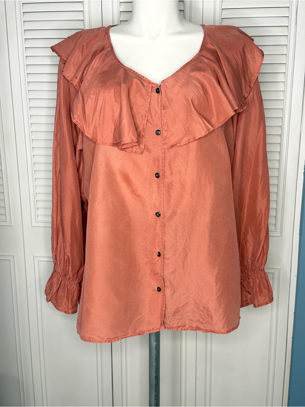 Adrian Jordan Women's Rust Ruffle-Detail Button Front Blouse V-Neck
